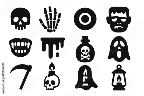 Spooky Icon Set. Solid style icons of spooky elements: skull, skeleton hand, creepy eye, zombie head, vampire teeth, dripping