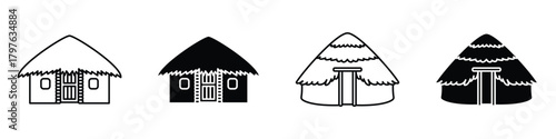 Mud hut icon in linear and clipart style pack on white background.