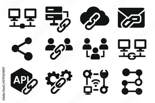 Network Connectivity Icons. Solid style icons of networking links: connected computers, server chain, cloud with link, email with