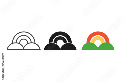Three different colored rainbows are shown in a row. The first rainbow is black and white, the second is red and green, and the third is yellow and green. The rainbows are all different sizes