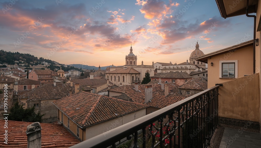 Obraz premium Scenic balcony view overlooking a charming town with an ancient church, seasonal change