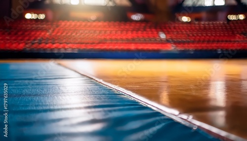 close up of a wrestling mat edge in an indoor sports arena with blurred background seating