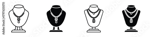 Necklace display icon in linear and clipart style pack on white background.
