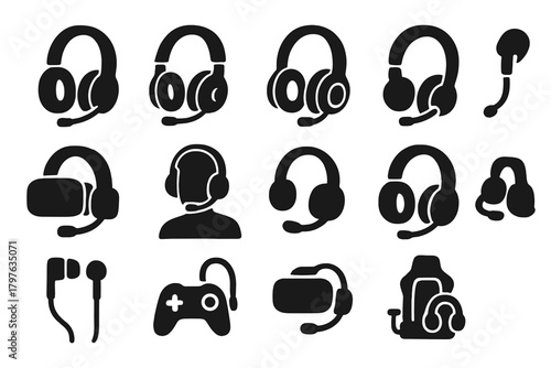 Solid Gaming Headset Icons. Solid style icons of gaming headsets: over-ear gaming headset, mic boom attached, volume slider, RGB
