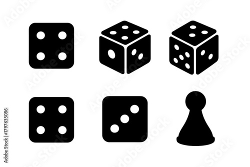 Set of dice and a pawn are shown in black and white. The dice are arranged in a row, with the top one being the largest and the bottom one being the smallest