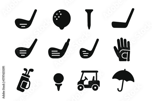 Golf Equipment Icons. Solid style icons of Golf equipment: golf club, golf ball, tee, putter, driver, iron, wedge, glove, golf bag