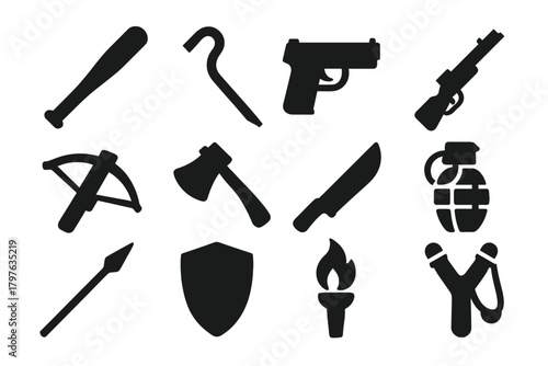 Solid Defense Icons. Solid style icons of Weapons and defense: baseball bat, crowbar, pistol, rifle, crossbow, axe, machete,