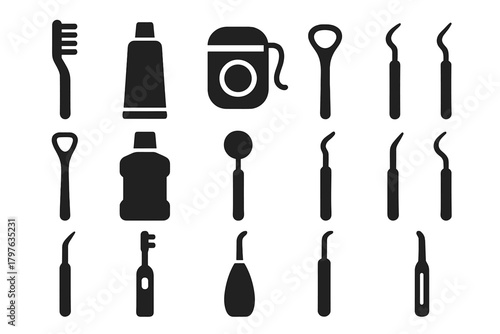 Dental Tool Icons. Solid style icons of Dental tools: toothbrush, toothpaste tube, dental floss, interdental brush, tongue scraper