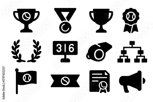 Tennis Tournament Icons. Solid style icons of Tennis tournament symbols: trophy, medal, cup, ribbon, laurel, scoreboard, whistle,