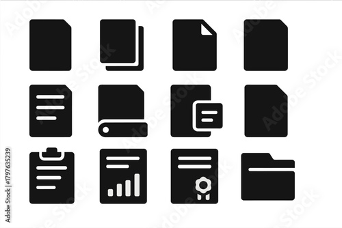 Document Icon Collection. Solid style icons of Document essentials: single document, stacked documents, folded corner paper, blank