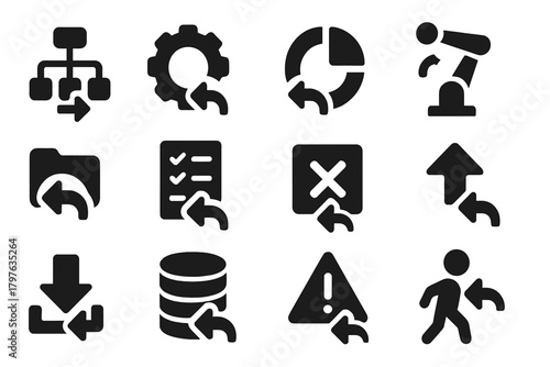Process Undo Icons. Solid style icons of process undo: workflow reverse, gear backwards, progress back, automation undo, project