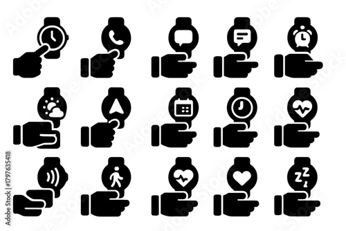 Smartwatch Icons Collection. Solid style icons of smartwatch usage: checking time, receiving call, reading message, music control,