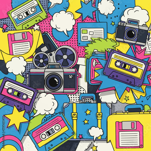 Retro 90s-style papercut illustration of a travel moment: cassette tapes, old cameras, vintage luggage, floppy disks, and comic-style shapes