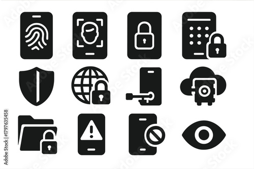 Mobile Security Icons. Solid style icons of mobile security: fingerprint unlock, face recognition, lock screen, two-factor code,