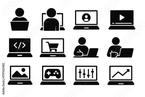 Laptop Activity Icons. Solid style icons of laptop usage: person typing, video call on laptop, streaming movie, coding screen,
