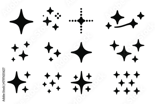 Twinkling Star Icons. Solid style icons of twinkle: twinkling star, small sparkle cluster, dotted star light, twinkle trail, tiny