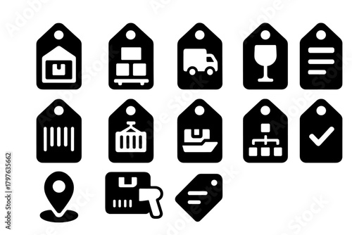 Logistics Icon Set. Solid style icons of inventory and logistics: warehouse tag, pallet label, shipping tag, delivery label,