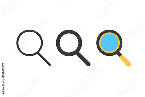 Three different magnifying glasses are shown in different sizes and orientations. The first one is a large, black and white magnifying glass, the second one is a smaller, black