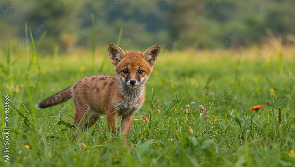 Obraz premium Adorable Bengal fox cub resting in a serene environment, showcasing the importance of wildlife preservation