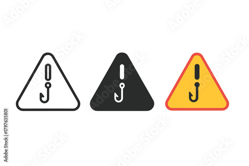 Three different colored triangles with a hook in the middle. The black triangle is the most prominent. The yellow triangle is the smallest and the white triangle is the largest