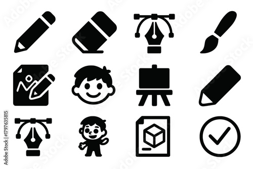 Art Tools Icons. Solid style icons of Drawing: pencil, eraser, pen tool, ink brush, sketch paper, doodle icon, art board, graphite