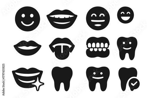 Smiling Mouth Icons. Solid style icons of Smiling and mouth: smile, open mouth, laughing face, closed lips, tongue, gums, happy