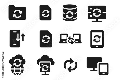 Data Sync Icons. Solid style icons of Data sync: folder arrows, file arrows, sync database, arrows on server, phone to cloud,
