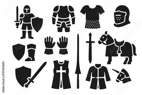 Collection of black and white images of medieval armor and clothing. The images include a knight, a shield, a sword, a horse, and a unicorn. Scene is one of adventure and fantasy