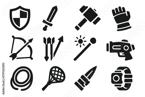 Hero Tools Icons. Solid style icons of Hero tools and weapons: shield, sword, hammer, gauntlets, bow, arrows, staff, energy