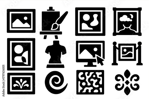 Art Icons Collection. Solid style icons of Artworks: framed artwork, painting canvas, abstract artwork, surreal piece,