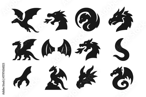 Dragon Icon Collection. Solid style icons of dragons: flying dragon, roaring dragon, curled dragon, dragon head, dragon silhouette