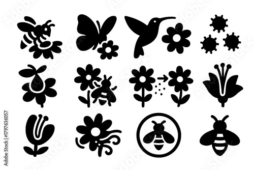 Pollination Icons Collection. Solid style icons of Pollination: bee on flower, butterfly on bloom, hummingbird, pollen grains,