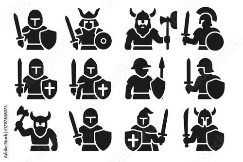 Warrior Icons Collection. Solid style icons of warriors: knight, samurai, viking, gladiator, crusader, templar, squire, foot