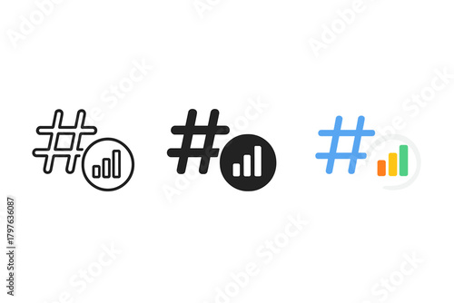 Three different icons with hashtags on them. The first one is black and white, the second one is blue and the third one is yellow