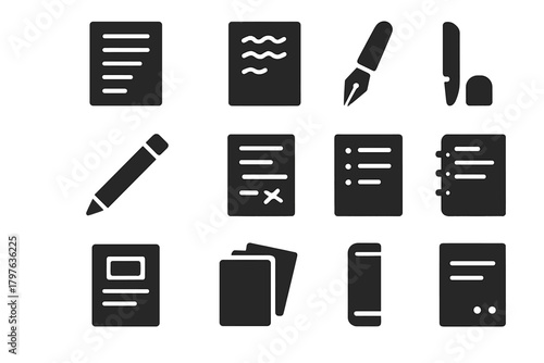 Set of black and white icons for writing and reading. The icons include a pen, a book, a notebook, and a piece of paper