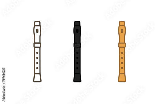 Three different colored flutes are shown in a row. The black one is the tallest and the white one is the shortest. The yellow one is in the middle