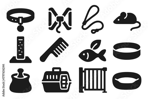 Cat Accessories Icons. Solid style icons of cat accessories: collar with bell, harness, leash, toy mouse, scratching pad, grooming