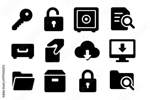 Secure Access Icons. Solid style icons of Access and retrieval: key, lock open, safe, magnifying glass on file, drawer pull, hand