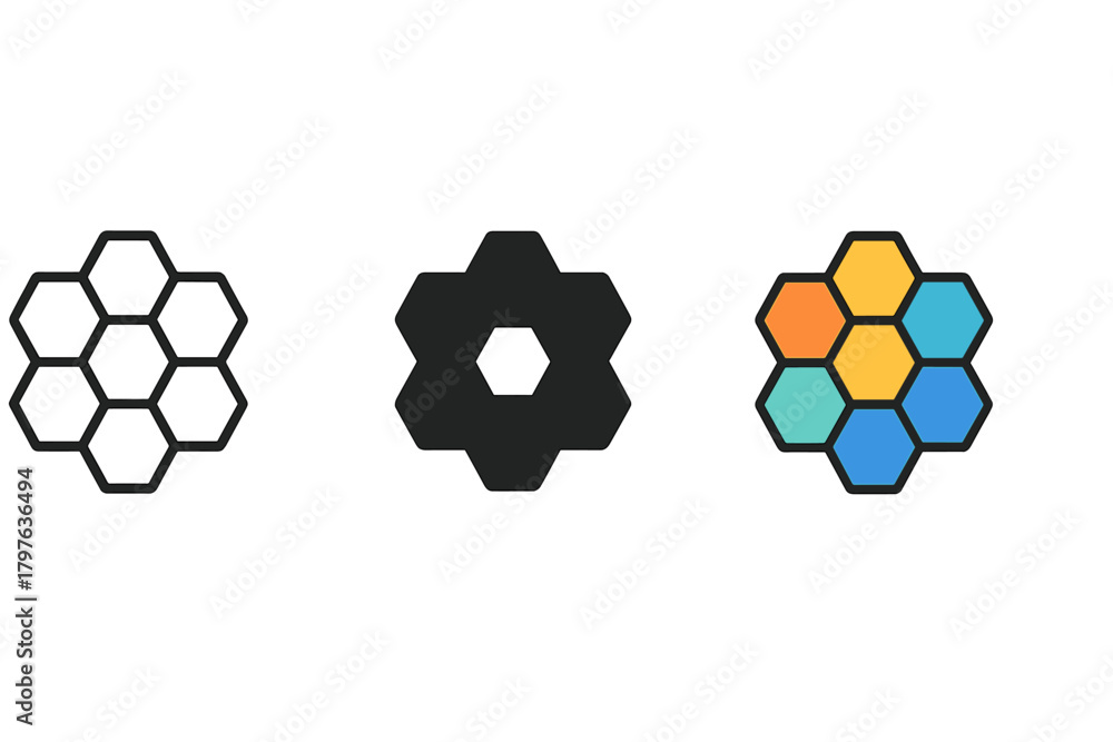 Fototapeta premium Three different colored hexagons are shown, with one being black and the other two being white. The black hexagon is in the middle of the other two, and the white hexagons are on either side of it