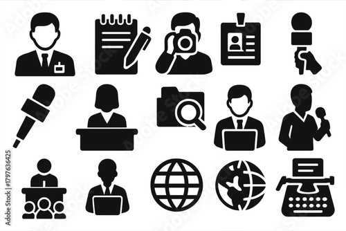 Journalism Icons Collection. Solid style icons of journalism: reporter figure, notepad and pen, camera journalist, press pass,