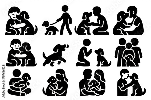 Icons of Dog Friendship. Solid style icons of friendship with dogs: child hugging dog, person walking dog, dog shaking paw, dog