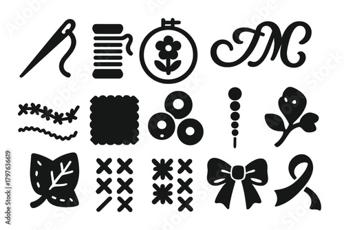 Collection of black and white icons for sewing and crafting. The icons include a needle, scissors, a flower, a bow, and a ribbon