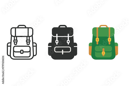 Three backpacks are shown in different colors. The black backpack is the most prominent, while the green and yellow backpacks are smaller and less noticeable. The black backpack has a classic design