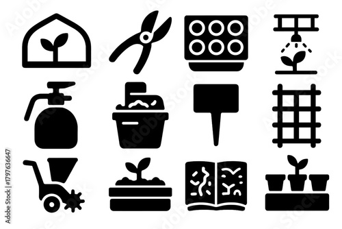 Horticulture Tool Icons. Solid style icons of Horticulture: greenhouse, pruning shears, seed tray, irrigation system, plant