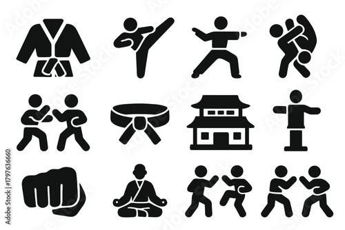Martial Arts Icons. Solid style icons of martial arts: karate gi, taekwondo kick, kung fu pose, judo throw, martial artist stance,