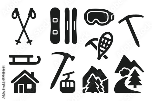 Alpine Sports Icons. Solid style icons of alpine sports: ski poles, snowboard, skis, ski goggles, sled, ice pick, crampons,