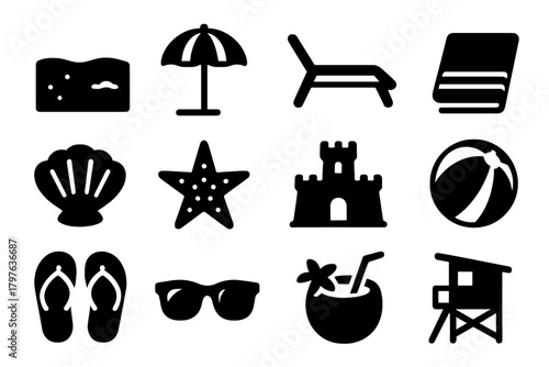 Beach Icon Collection. Solid style icons of beach: sandy shore, beach umbrella, beach chair, beach towel, seashell, starfish,
