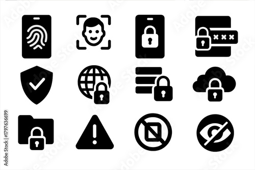 Mobile Security Icons. Solid style icons of mobile security: fingerprint unlock, face recognition, lock screen, two-factor code,