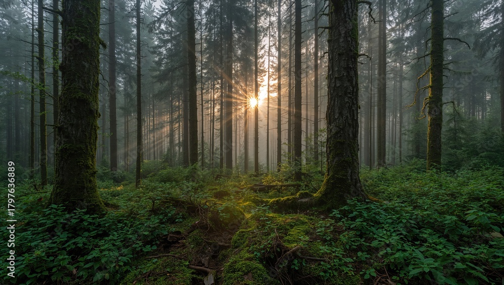 Obraz premium Majestic evergreen forest at sunrise, showcasing strong pine trees and lush vegetation, seasonal change