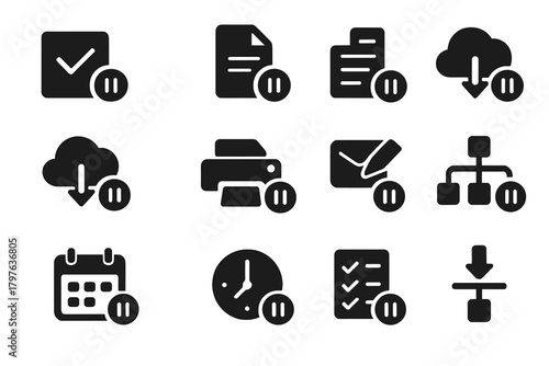 Productivity Icons. Solid style icons of productivity pauses: task on hold, file waiting, document pending, upload paused,